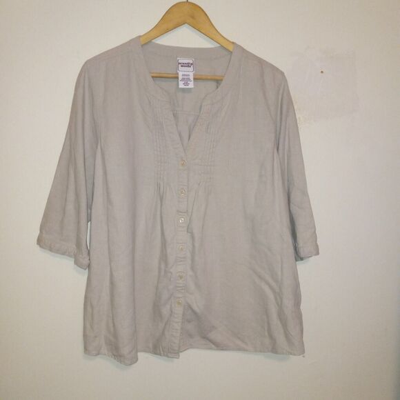 Scandia Woods Linen Blend Button Front Blouse-Large-Pin Tuck Yoke-3/4 Sleeve - Picture 1 of 9